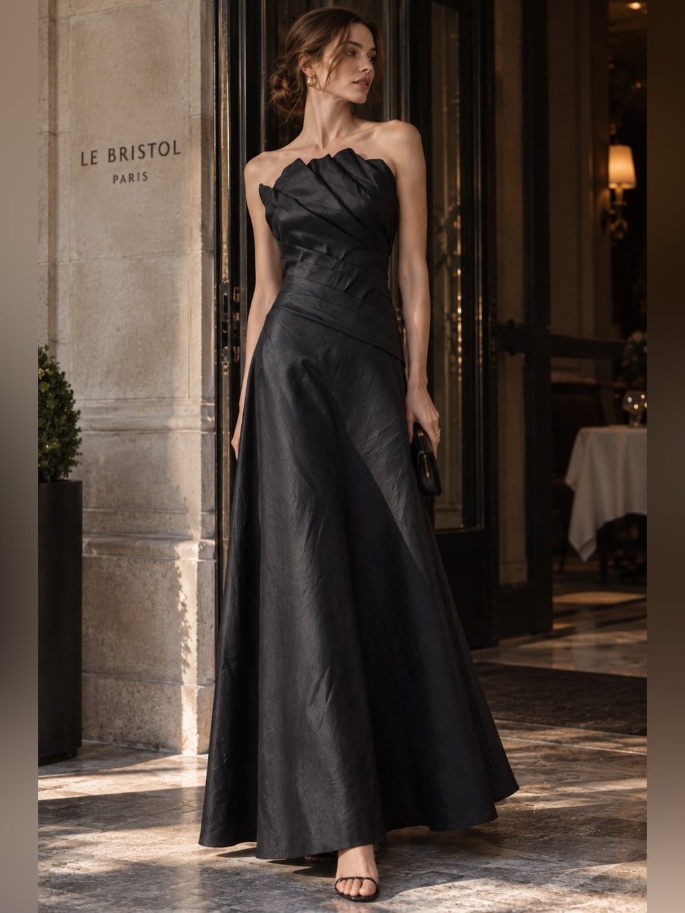 Meshki Black Strapless Pleated Bodice Evening Gown